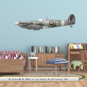 Perfil de avión Supermarine Spitfire Mk Vb / Decoración de la Segunda Guerra Mundial, póster artístico / regalo para piloto, hombres, papá, novio, él, arte de pared, arte de aviación