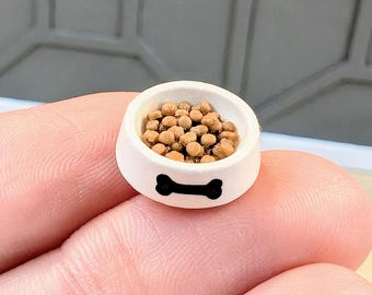 Miniature Ceramic Pet Food Bowl with Dry Food: Dollhouse Collectible