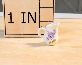 Miniature Ceramic Pitcher | Hand-Made for 1:12 Dollhouse | One of a Kind | Small Purple Flower