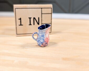 Miniature Ceramic Pitcher | Hand-Made for 1:12 Dollhouse | Red & Blue Bubble Glaze