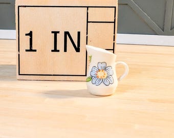 Miniature Ceramic Pitcher | Hand-Made for 1:12 Dollhouse | One of a Kind | Light Blue Flower