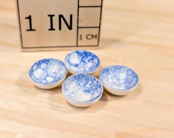 Miniature Ceramic Bowl | Hand-Made for 1:12 Dollhouse | Blue Bubble Glaze - White Outside