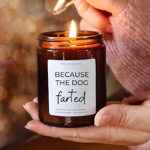 May include: A brown glass candle with a white label that reads "Because the dog farted". The candle is being lit with a match.