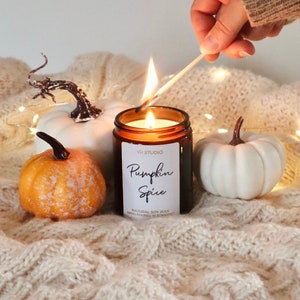 Pumpkin spice soy candle, cosy Fall, Autumn, Halloween apothecary jar candle gift, Autumn pumpkin decor, vegan, PSL, winter, natural candle, image 1