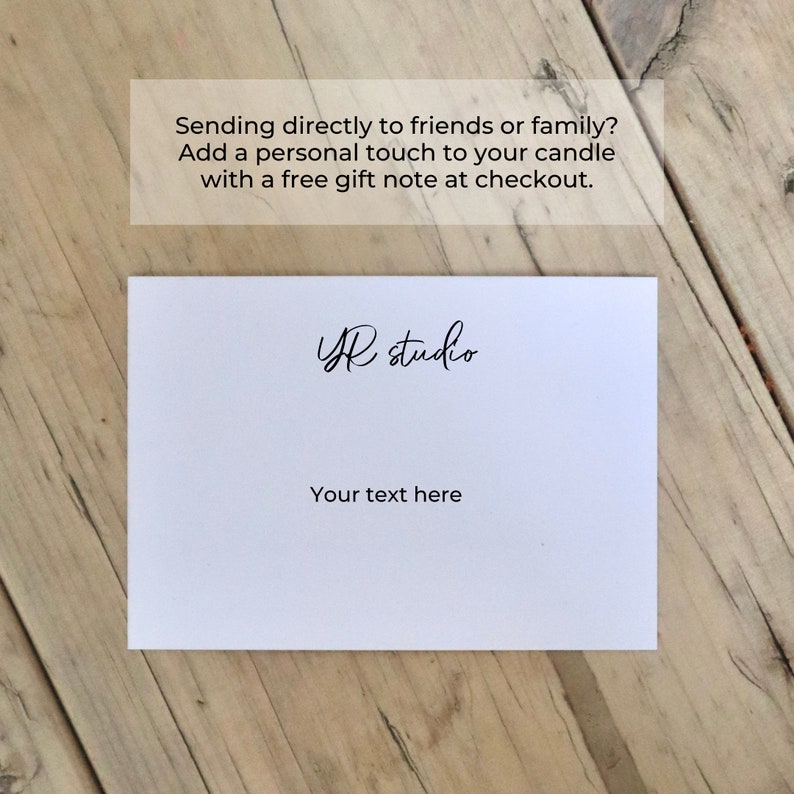 May include: White card with the text "YR studio" and "Your text here" printed in black ink.