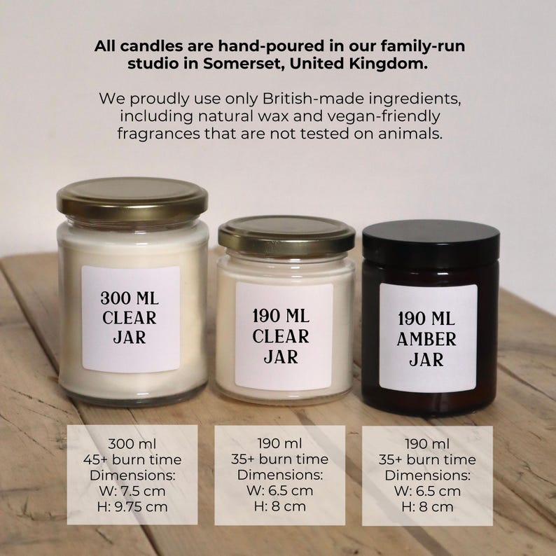 May include: Three glass candle jars with labels. The largest jar is 300 ml and says "Clear Jar". The two smaller jars are 190 ml and say "Clear Jar" and "Amber Jar".