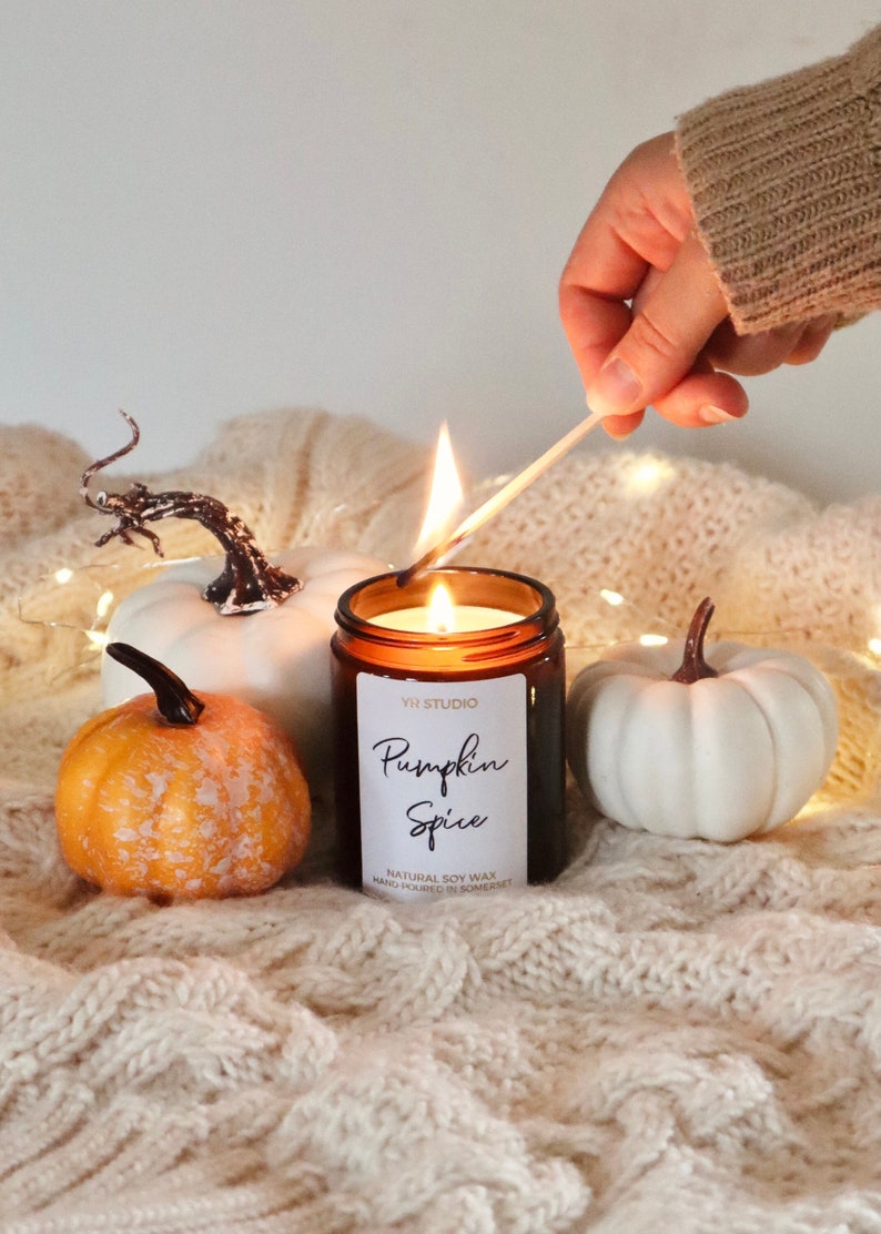 Pumpkin spice soy candle, cosy Fall, Autumn, Halloween apothecary jar candle gift, Autumn pumpkin decor, vegan, PSL, winter, natural candle, image 1