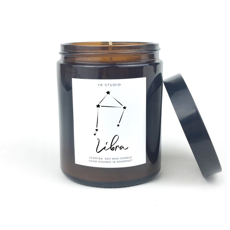 Libra candle gift, zodiac candle, witch candle, zodiac gift, constellation, Scandinavian decor, 20th, 21st, 30th, 40th, 50th birthday gift Amber jar 8oz medium