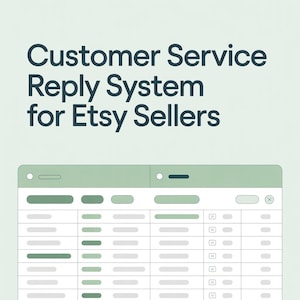Könnte beinhalten: Eine hellgrüne Grafik mit dem Text "Customer Service Reply System for Etsy Sellers". Darunter ein Mock-up einer Tabelle mit grünen und weißen Zeilen und Spalten.