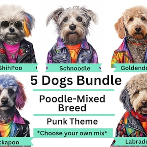May include: A digital illustration featuring five different dog breeds, each styled in a punk rock theme. The dogs wear leather jackets and colorful accessories. Text reads "5 Dogs Bundle, Poodle-Mixed Breed, Punk Theme."