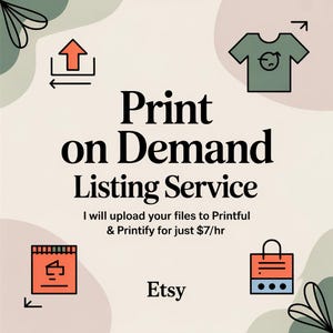 Peut inclure: Graphique publicitaire pour un service de référencement Etsy pour l'impression à la demande. Le texte indique "Print on Demand Listing Service". L'image comprend des icônes de t-shirt, sac à provisions et symbole de téléchargement, ainsi que le logo Etsy.