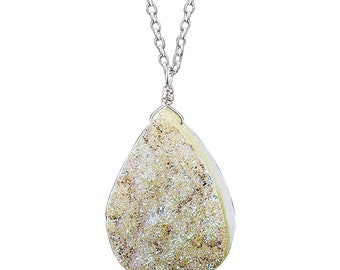 Rose Quartz Love Stone on Aura Quartz Druzy Crystal Slice w Golden Accents Charm Necklace