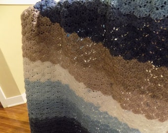 Handmade Crochet Baby Blanket: Blue, Taupe, and Off White Afghan