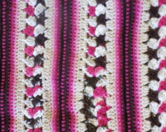 Crochet Afghan: Pink, Beige, and Brown Acrylic Throw Blanket