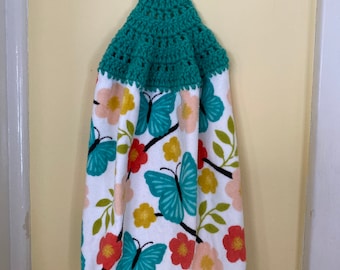 Flower and Butterfly Hanging Kitchen Towel, Flower and Butterfly Crochet Top Towel, Crochet Top Kitchen Towel, Hanging Kitchen Towel