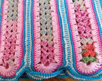 Handmade Crochet Striped Afghan: Pink, Turquoise, & Green Throw