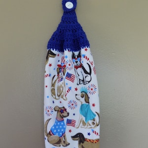 Patriotic Dog Kitchen Towel: Crochet Hanging Towel, July 4th Decor