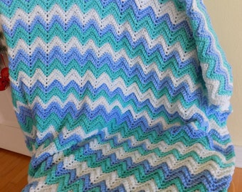 Handmade Crochet Ripple Afghan: Blue, Green & White Throw (42x52 inches)