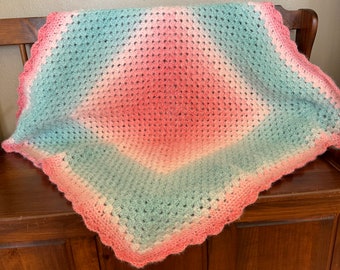 Handmade Crochet Baby Blanket: Pink & Aqua Granny Square