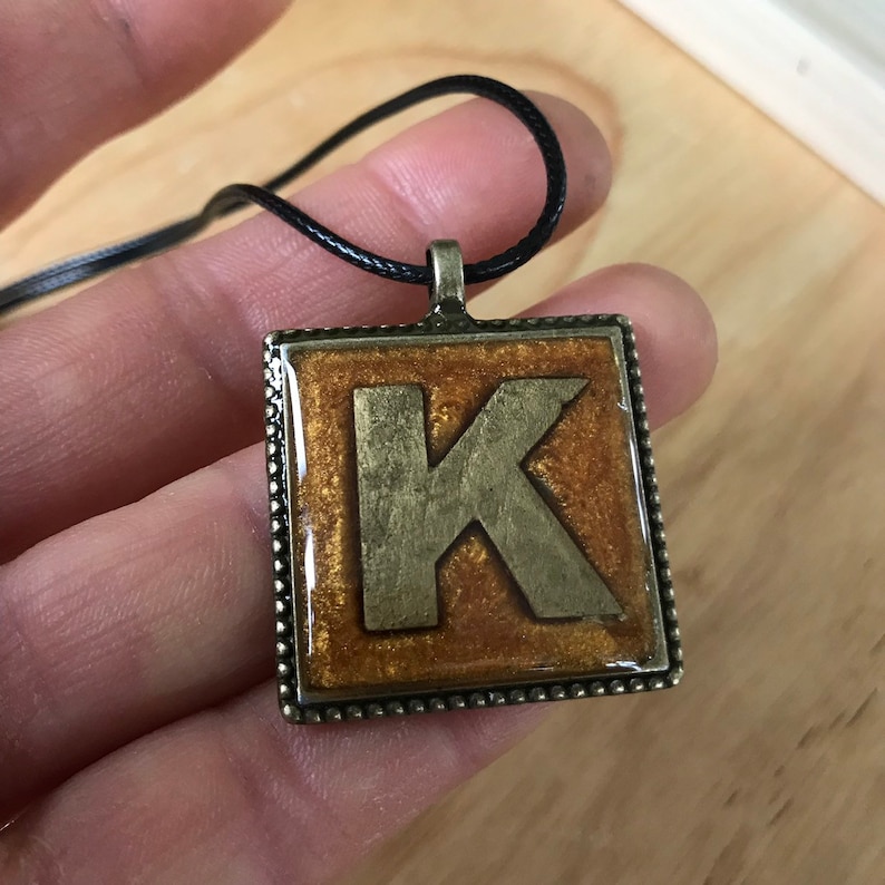 Square Resin Epoxy and Brass Pendant Necklace Antique Gold Initial Alphabet Letter