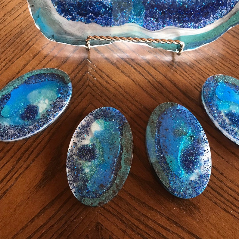 4 Pcs Oval Coasters and Large Resins Epoxy Geode Glitter Blue Etsy