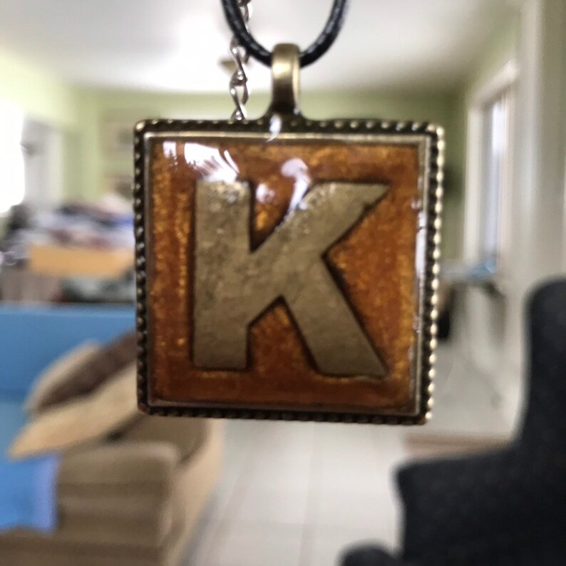 Square Resin Epoxy and Brass Pendant Necklace Antique Gold Initial Alphabet Letter