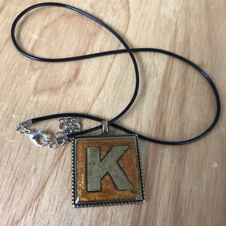 Square Resin Epoxy and Brass Pendant Necklace Antique Gold Initial Alphabet Letter