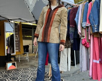 Vintage 70’s Tan Suede Colorblocked Hoodie w zipper XS