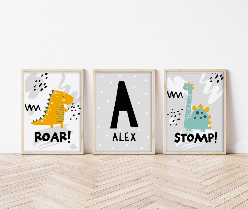 Cute Dinosaur Themed Nursery Wall Art Personalised Prints Etsy