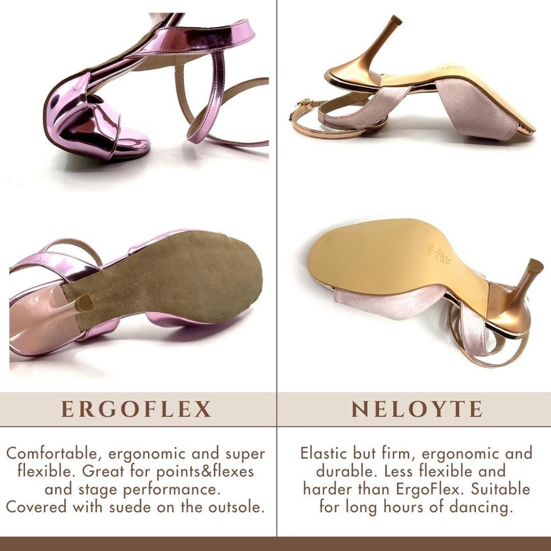 May include: Two pairs of dance shoes, one pink and one gold, with the names "ErgoFlex" and "Neloyte" printed below each shoe. The ErgoFlex shoe is described as comfortable, ergonomic, and super flexible, while the Neloyte shoe is described as elastic but firm, ergonomic, and durable.