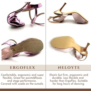 K&ouml;nnte beinhalten: Zwei Paar Tanzschuhe, ein Paar rosa und ein Paar goldfarben, mit den Namen "ErgoFlex" und "Neloyte" unter jedem Schuh. Der ErgoFlex-Schuh wird als bequem, ergonomisch und superflexibel beschrieben, w&auml;hrend der Neloyte-Schuh als elastisch, aber fest, ergonomisch und strapazierf&auml;hig beschrieben wird.
