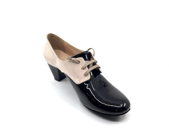 Movimiento Practica Neo Black & Beige Shine Patent Leather Handmade Women's Argentine Tango Practice Shoe - MOVW483