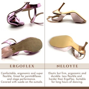 Op de afbeelding: Roze metallic sandalen met hoge hakken en dunne enkelbandjes. De schoenen hebben een gebogen hak en een su&egrave;de zool. De afbeelding toont de schoenen vanuit meerdere hoeken, waarbij het ontwerp en de constructie worden benadrukt. De teksten "ERGOFLEX" en "NELOYTE" zijn zichtbaar.