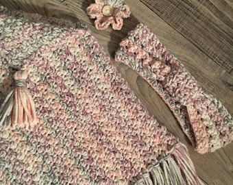 Poncho Band Set - Flower/Étole/Shoulder Heater Handmade Crochet in "Multicolored" Wool