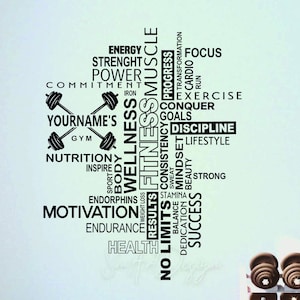 Custom Name Gym Decal - Motivational Gym Cloud - Fitness words collage - Fitness center Wall Decor - Garage Gym - Man cave gift - dumbell