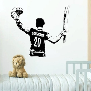 Cricket Wall Art Decal - Custom Name Cricket Player - Wall decor vinyl sticker boy bedroom - Choose Name & Jersey Numbers batsman bat batter