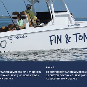 Custom Boat Name  Decals ( set of 2 ) + Registration numbers ( set of 2 )  + small identication security vinyl decals Personalized your Boat