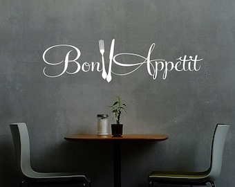 Bon Appétit Wall Decal - kitchen Wall Art Decor knife fork Vinyl Sticker dinning room French lettering restaurant café sign bed & breakfast
