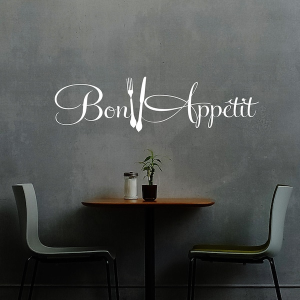 Bon Appétit Wall Decal - kitchen Wall Art Decor knife fork Vinyl Sticker dinning room French lettering restaurant café sign bed & breakfast