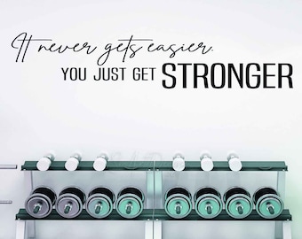 Fitness | Gym Wall Vinyl Decal " It Never gets Easier You Just Get STRONGER " Fitness center, Home Gym Office Decor - Motivational quote