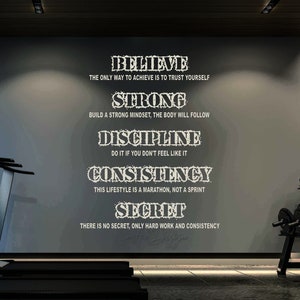 Believe Strong Discipline Consistency Secret, Wall decal vinyl sticker, Gym rules, Success rules, home gym decor, office wall art
