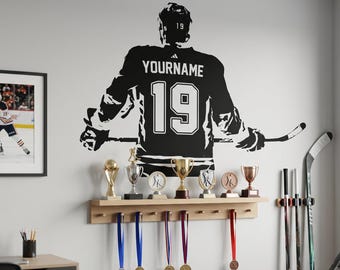 Hockey Wall Art - Custom Name Hockey Decal - Right Left handed Hockey Wall decor - Ice Hockey vinyl sticker - Choose Name and Jersey Numbers