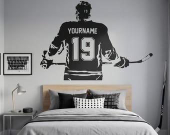 Hockey Wall Art - Custom Name Hockey Decal - Right Left handed Hockey Wall decor - Ice Hockey vinyl sticker - Choose Name and Jersey Numbers