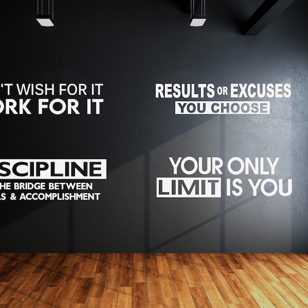 Gym wall decals SET OF 4 saying , Motivational Home Gym Lettering wall decor, fitness decal, discipline your only limit result or excuses