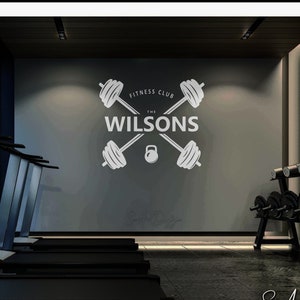 Gym Sign CUSTOM text and name crossed dumbbells Wall Decal - Fitness club, Fitness center, Home gym, Pain cave, Garage, Weight Room