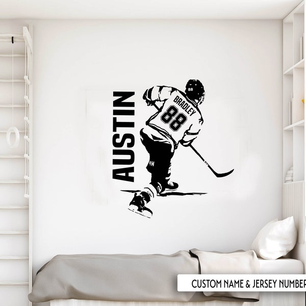 Hockey Custom Vinyl Wall Decal - Personalized Ice Hockey Player,  name, jersey numbers, Surname boy Bedroom decor, man cave