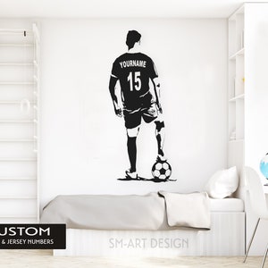 Soccer Wall Art Custom Name Football Decal Soccer football player Wall decor silhouette vinyl sticker Choose Name and Jersey Numbers image 1