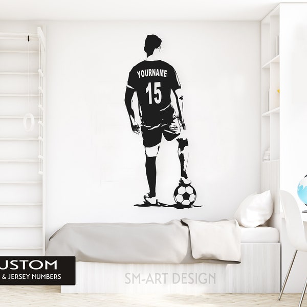 Soccer Wall Art - Custom Name Football Decal - Soccer football player Wall decor - silhouette vinyl sticker - Choose Name and Jersey Numbers