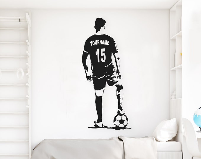 Soccer Wall Art - Custom Name Football Decal - Soccer football player Wall decor - silhouette vinyl sticker - Choose Name and Jersey Numbers