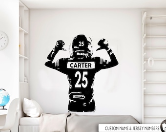 Custom Name American Football Player Decal - Kids Shape Silhouette Wall vinyl sticker boy bedroom decor - Choose Name and Jersey Numbers